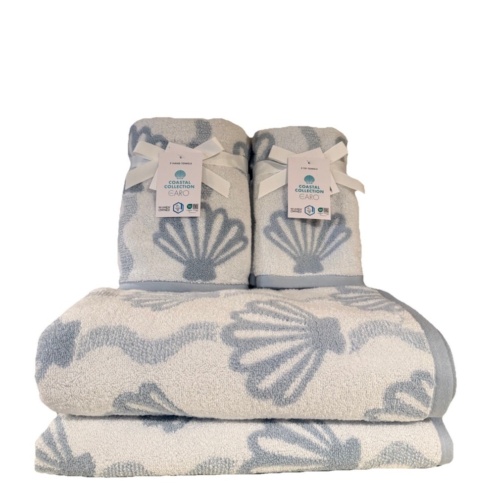 6pc CARO Home Plush Bath Hand Tip Towel Set Blue & White Nautical Coastal Shells